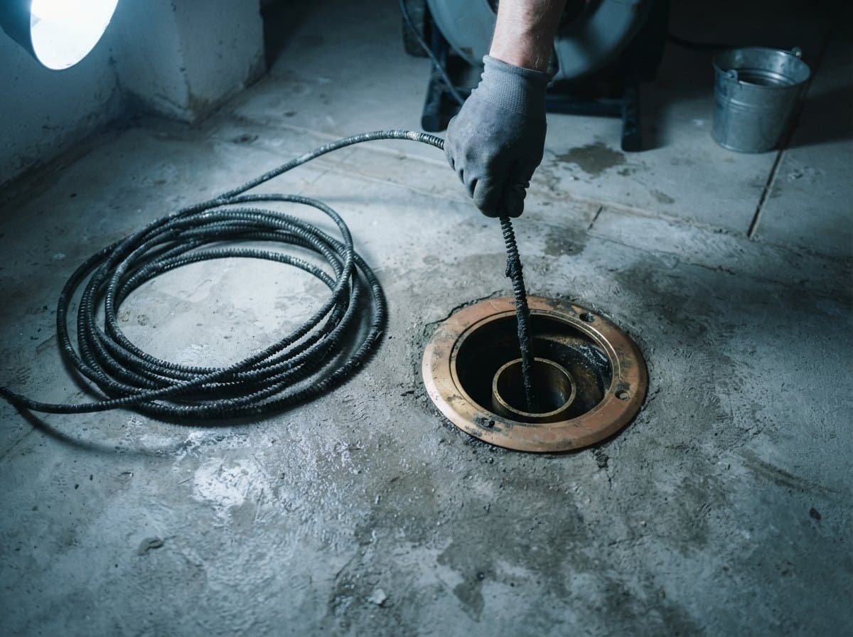 A drain auger cable entering a brass cleanout in a concrete basement floor