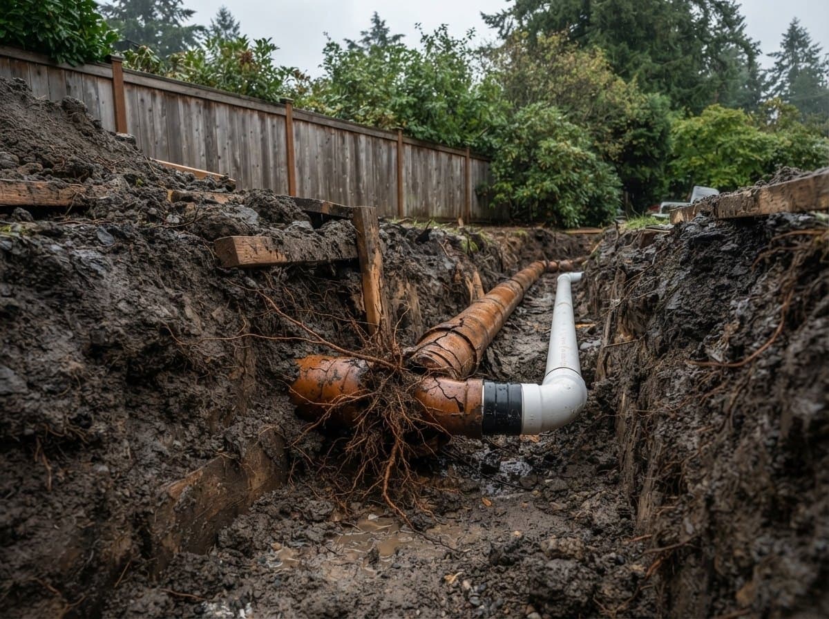 An excavated trench showing a cracked clay side sewer pipe with roots at a joint