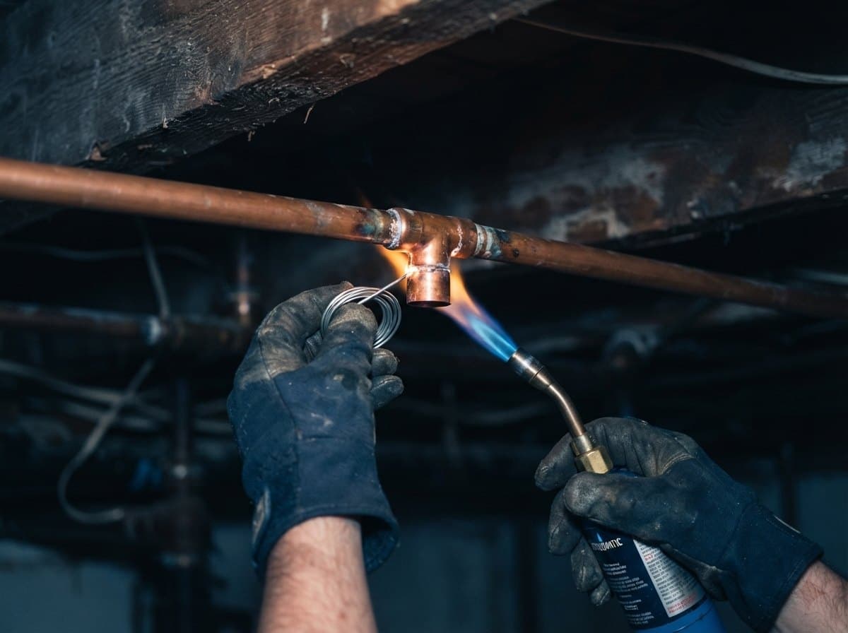 A plumber's gloved hands soldering a copper joint with a torch in a basement